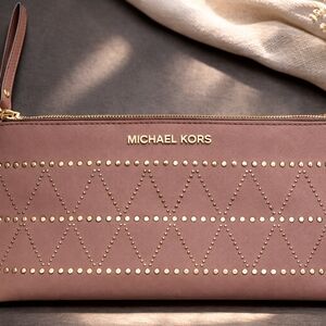 Michael Kors Mauve Studded Leather Wristlet Clutch | Gold Hardware | Saffiano